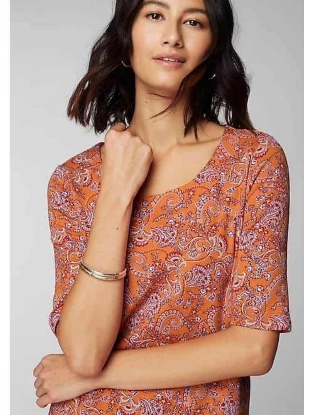 J.Jill Pima-Slub Scoop-Neck Side-Slit Tee Medium Petite Apricot Paisley